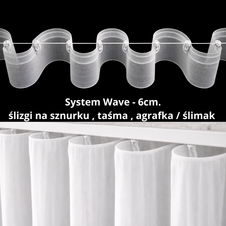 System Wave 6cm. – tworzy idealne, równomierne fale, elegancki efekt. w skład wchodzi ślizg na sznurku , taśma , ślimaki  Nowoczesny efekt jak w hotelach i apartamentach.